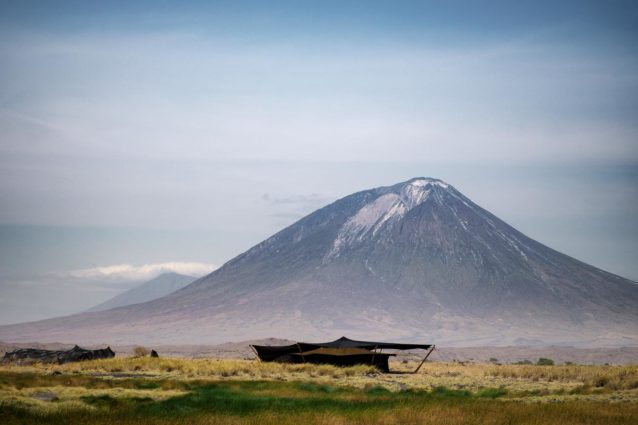 Camp at Lake Natron with Ol Doinyo Lengai Behind